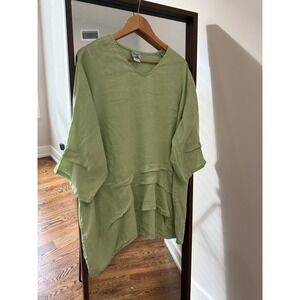 BECASA Women Lime Green 100% Linen Oversized Boho V-Neck Tunic Top Sz M Vintage
